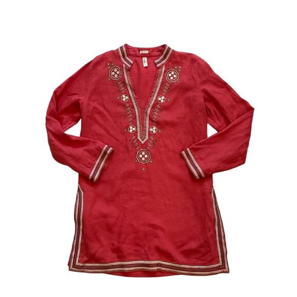 VTG Old Navy Red Linen Long Sleeve Boho Embroidered V-Neck Tunic/Cover-Up Size L - Picture 5 of 14